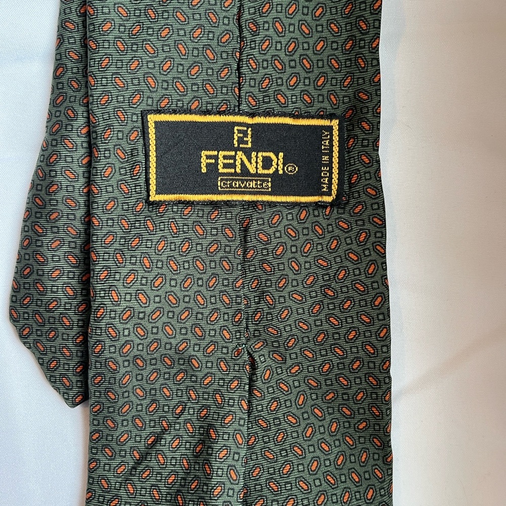 Fendi Green and Orange Patterned 100% Silk Men's Necktie